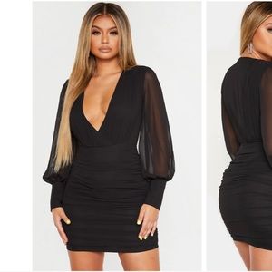 NWT! PrettyLittleThing: Black Long Sleeve Chiffon Ruched Bodycon Dress